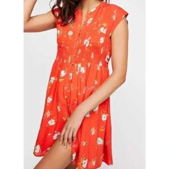 Free People Greatest Day Smocked Mini Dress Orange Floral Size Small Casual - Picture 1 of 9